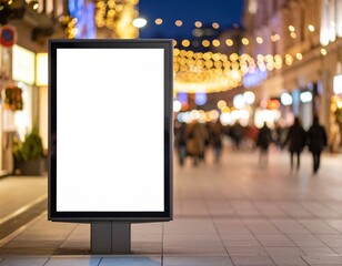 Blank billboard on a bustling city street at night with blurred pedestrians and festive lights