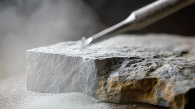 Metal tool carving a rock block