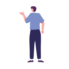 Man from behind gesturing with hand presentation
