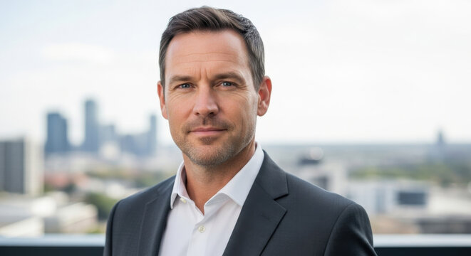 Confident mature businessman portrait. Professional executive in suit. Leadership success concept. Corporate headshot outdoors. Cityscape background. Male entrepreneur looking camera.