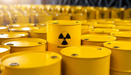 Radioactive Waste in Yellow Barrel from Nuclear Power Plant with Uranium Fuel Being Sent for Reprocessing – Concept of Nuclear Recycling and Radiation Hazard

