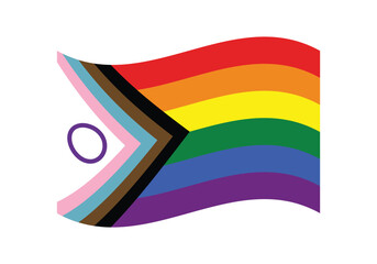 Progress Pride Flag, six stripe rainbow design (red, orange, yellow, green, blue, violet), variation adds a chevron along the hoist that features black, brown, light blue, pink, white stripes, LGBTQ+
