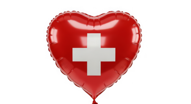 Red heart-shaped balloon with a white cross in the center against a pixelated background design.