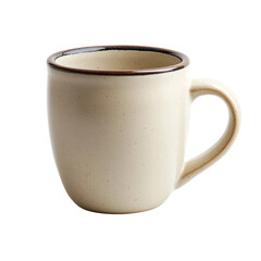 A simple, elegant, ceramic mug of light beige with a dark rim sits isolated against a soft background. The mug's design evokes a sense of tranquility.