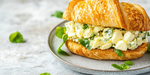 A croissant is filled with a creamy egg salad, garnished with herbs, and placed on a plate. Savory breakfast or brunch sandwich