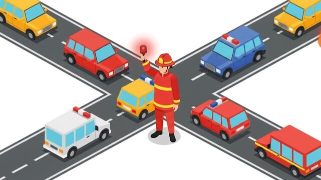Directing Traffic After Road Incident Cartoon Isometric View