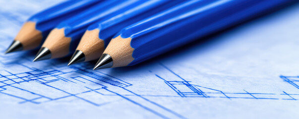 Four blue pencils are neatly aligned on a blueprint with architectural sketches. Concept: creativity, planning, precision
