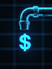 A metallic faucet drips a glowing blue dollar sign, symbolizing financial flow and utility costs.