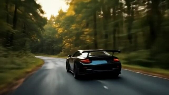 Modern black car driving on a highway through green forest in sunlight day