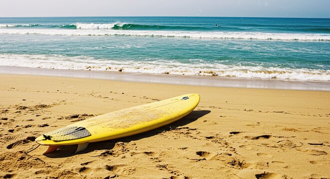 Yellow surfboard on sandy beach with ocean waves under a bright sunny sky - Powered by Adobe