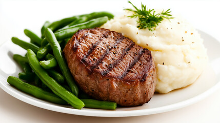 Grilled steak served with mashed potatoes and green beans on a white plate in a well-lit setting