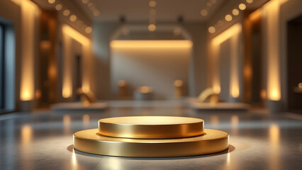 Golden round podium in elegant modern interior with warm lighting and blurred background creating luxurious atmosphere