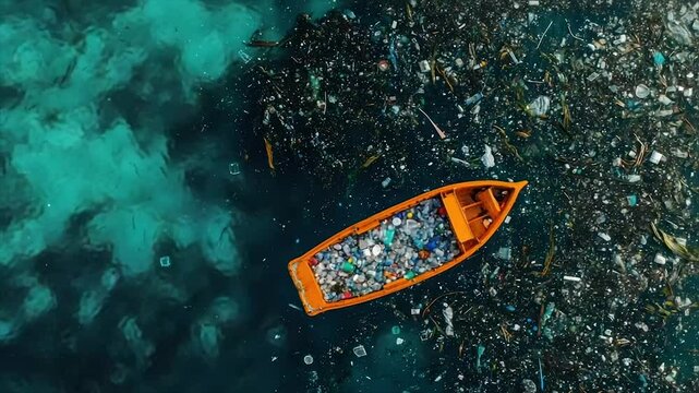 Orange boat filled with plastic waste floats on polluted ocean