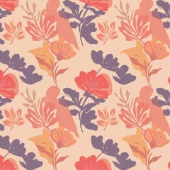 Peach Beige Floral Pattern with Pink and Orange Flowers