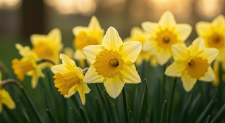 Fototapeta premium A Symphony of Yellow Daffodils A Vibrant Display of Springtime Beauty in a Lush Green Garden Under the Warm Sunlight