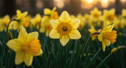 Obraz premium A Field of Yellow Narcissus Flowers Blooming Brightly in the Spring Sunlight Enhancing the Beauty of Nature's Floral Display