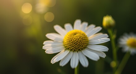 Obraz premium Close-Up of a Daisy with Blurred Green Background A Study in Simplicity and Natural Beauty