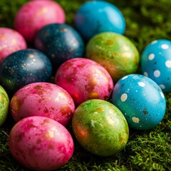 Colorful Easter Eggs on Mossy Surface