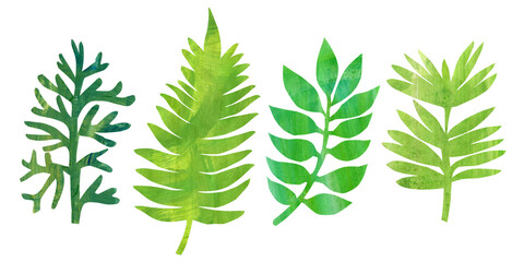 Botanical illustration of tropical leaves in collage technique, green leaves exotic plant in paper art technique, hand drawn brush texture, shape of exotic leaf, use as print, element design, label.