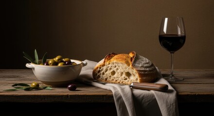 Artisan Bread, Olives, and Red Wine A Still Life Photography