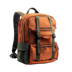 A stylish orange backpack stands ready for outdoor adventures, featuring sturdy straps and multiple compartments, ready for travel and exploration.