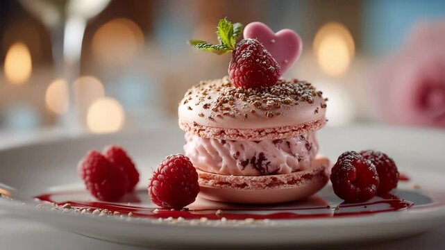 raspberry macaron in dreamy lovey atmosphere with heart shape chocolate top with fresh raspberry 