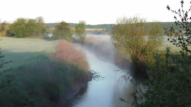 Stimmungsvoller Fluss am Morgen mit sanften Nebelschwaden &ndash; faszinierende Ruhe und zauberhafte Lichtstimmung in einer nat&uuml;rlichen Flusslandschaft bei Sonnenaufgang, Landschaft, Natur, Gew&auml;sser
