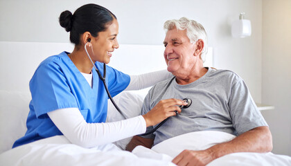 Senior Man and Nurse Using Stethoscope for Heartbeat Assessment – Elderly Health Check and Cardiovascular Care in Medical Setting

