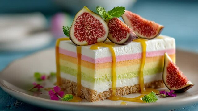 rainbow cheese cake top with fresh fig and caramel sauce 