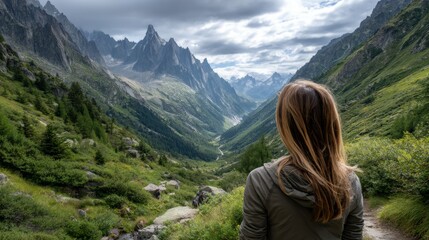 Naklejka premium A woman stands on a trail overlooking a lush green valley surrounded by dramatic, jagged mountains under a cloudy sky.