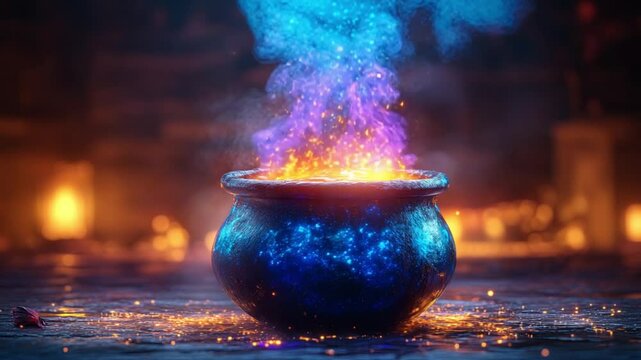 magical witch cauldron with glowing smoke, mystical potion bubbling in dark fantasy room, enchanted cauldron with colorful flames, magical potion cauldron with glowing mist
