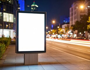 Fototapeta premium Blank Billboard on City Sidewalk at Night with Blurred Traffic Streaks