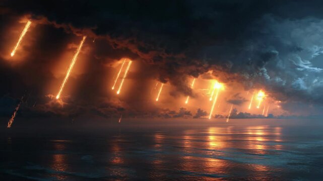 hell fire burning sky, meteor rain falling pass through cloudy sky