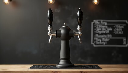Beer taps with chalkboard menu set against rustic wooden bar  