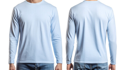Light Blue Long Sleeve T-Shirt Mockup Front and Back Views for Apparel Design and Branding Presentation. Perfect for showcasing your designs or logo on a realistic apparel mockup.
