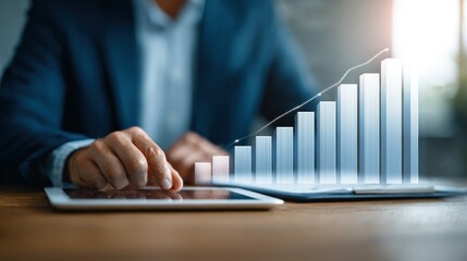 Businessman Analyzing Growth Chart on Tablet with Modern Graphics