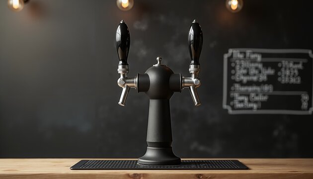 Beer taps with chalkboard menu set against rustic wooden bar  