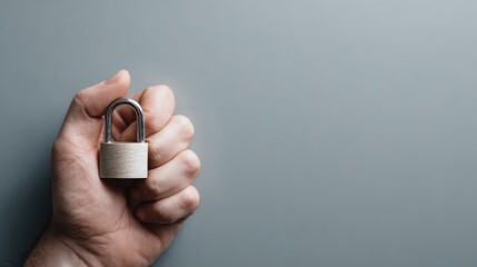Hand Holding Metal Padlock on Grey Background for Security Concept