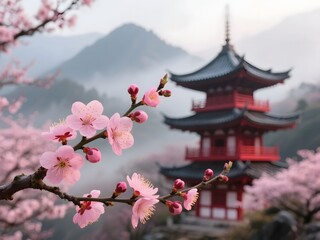 Cherry Blossom in Front of Traditional Asian Temple in Spring