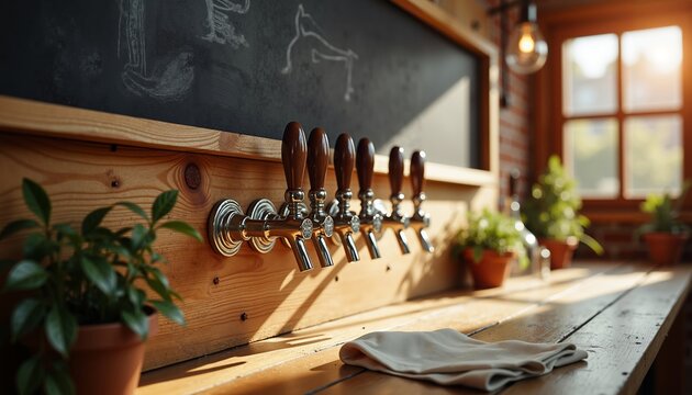 Beer taps with chalkboard menu in rustic bar setting with plants  