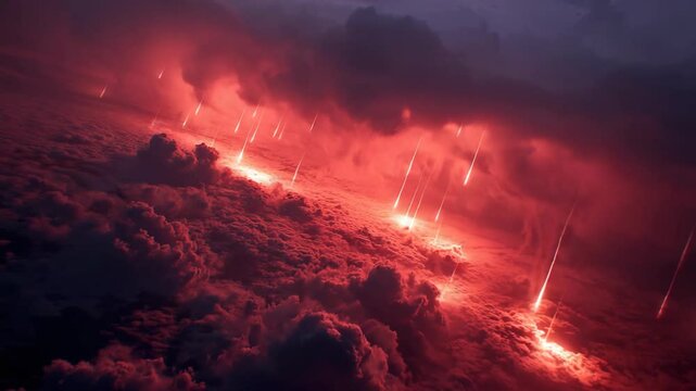hell fire burning sky, meteor rain falling  pass through cloudy sky 