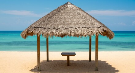Beach Hut with Table on Sandy Shore