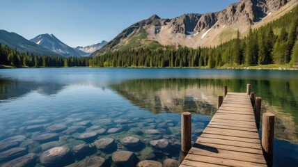 Lake scene with clear water showing stones a wooden pier mountains and trees