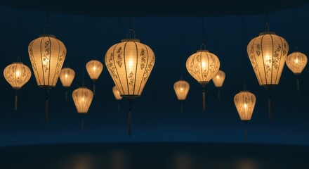 Obraz premium Warm lanterns illuminate a dimly lit space adorned with floral designs casting a soft glow on the scene