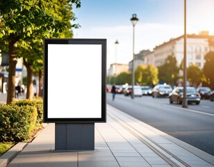 Blank billboard on city sidewalk with blurred traffic and golden hour sunlight