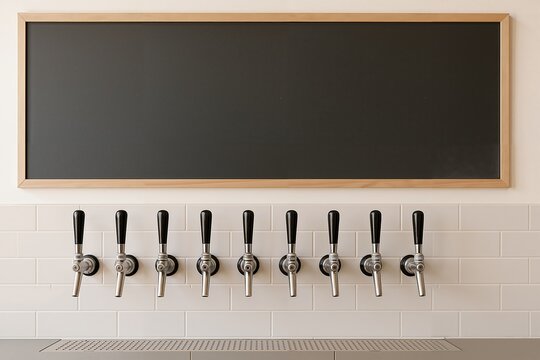 Beer taps with chalkboard menu in minimalist bar interior  