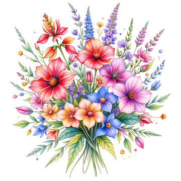 Floral arrangement with colorful blooms nature setting watercolor art vibrant garden top-down perspective botanical aesthetic