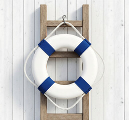 A life buoy suspended on a wooden ladder against wooden wall