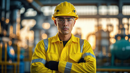 An engineer in a yellow uniform confidently stands in a modern industrial facility, ready for work.