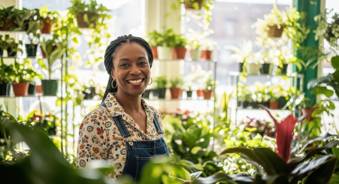 Happy African American female entrepreneur, small business owner smiling in her vibrant plant shop. Concept local retail success, joyful florist at work, green thumb, nature lover, botanist.